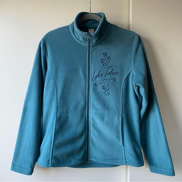 Fleece Jacket Size Medium Lake Tahoe Womens Full Zip Aqua Blue Pockets Floral - Picture 1 of 16